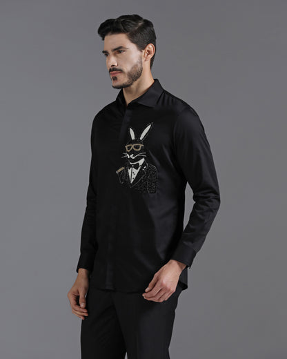 Black Cotton Shirt with Hand-Embroidered Bunny in Tuxedo