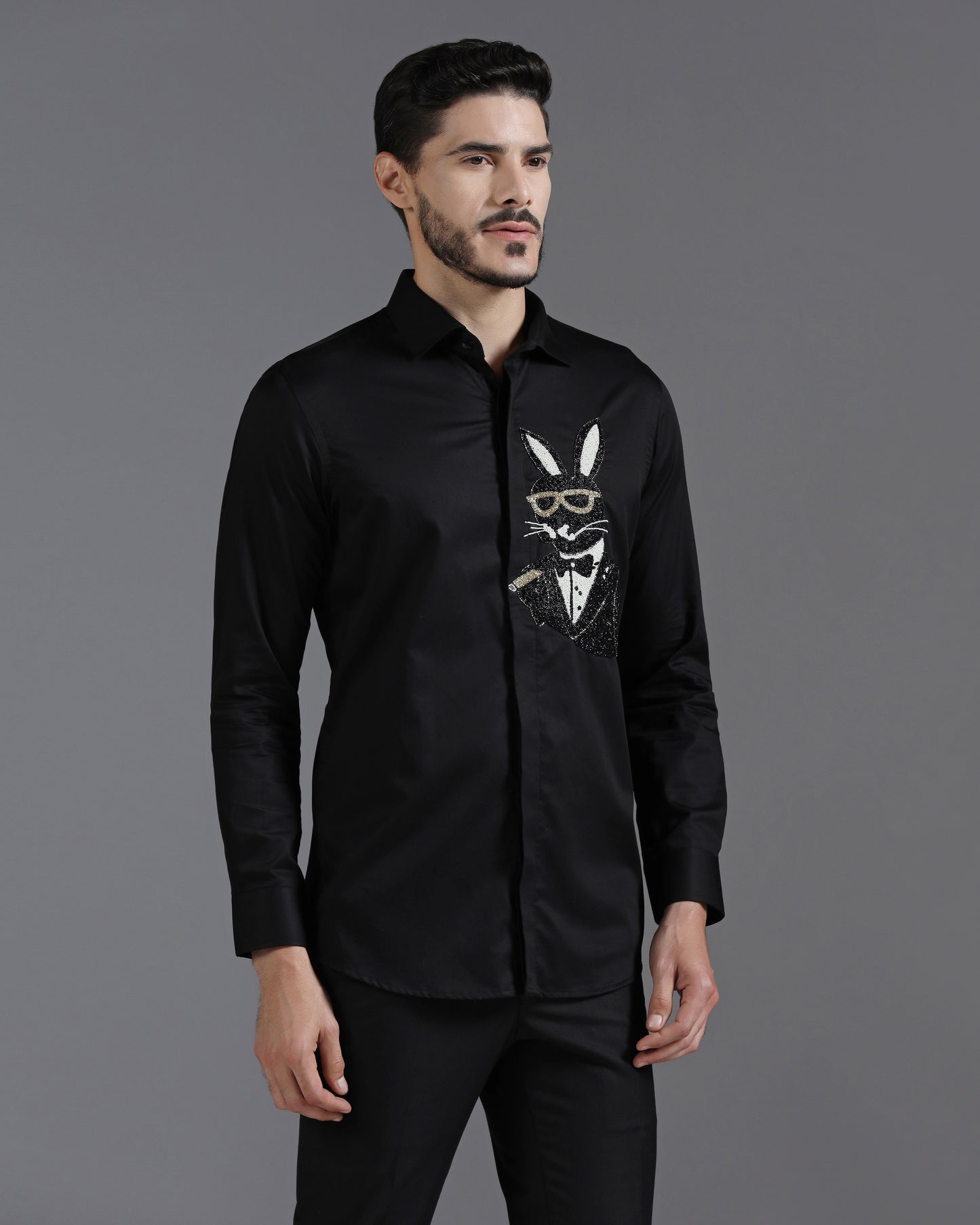 Black Cotton Shirt with Hand-Embroidered Bunny in Tuxedo