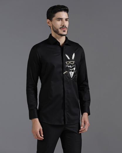 Black Cotton Shirt with Hand-Embroidered Bunny in Tuxedo