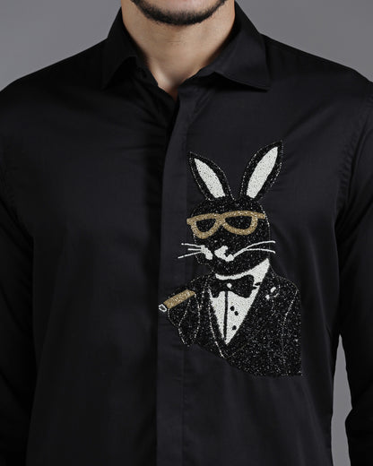 Black Cotton Shirt with Hand-Embroidered Bunny in Tuxedo
