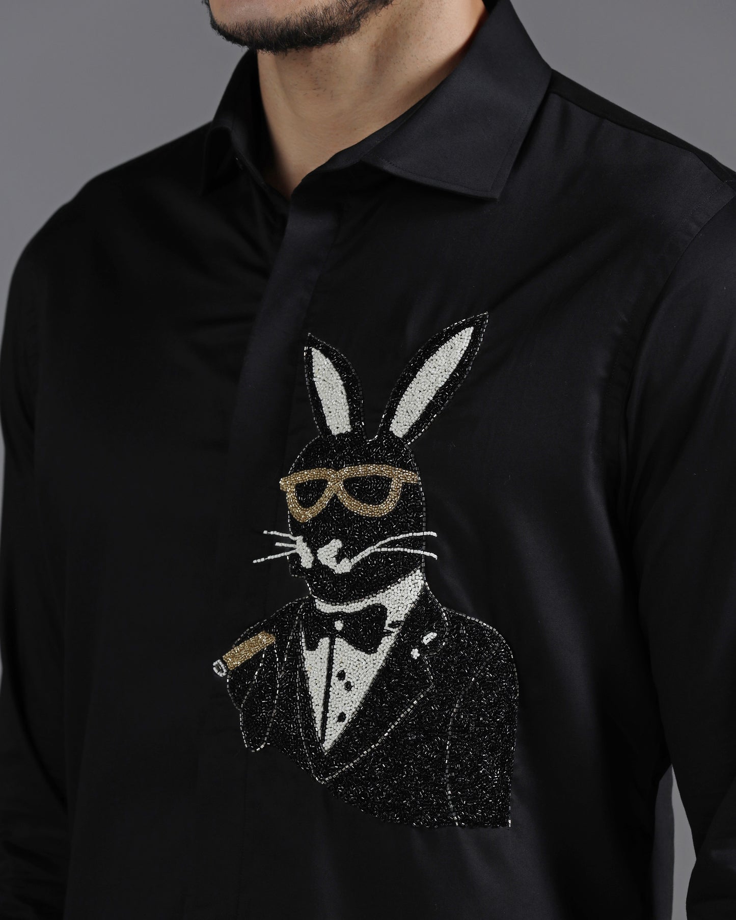 Black Cotton Shirt with Hand-Embroidered Bunny in Tuxedo