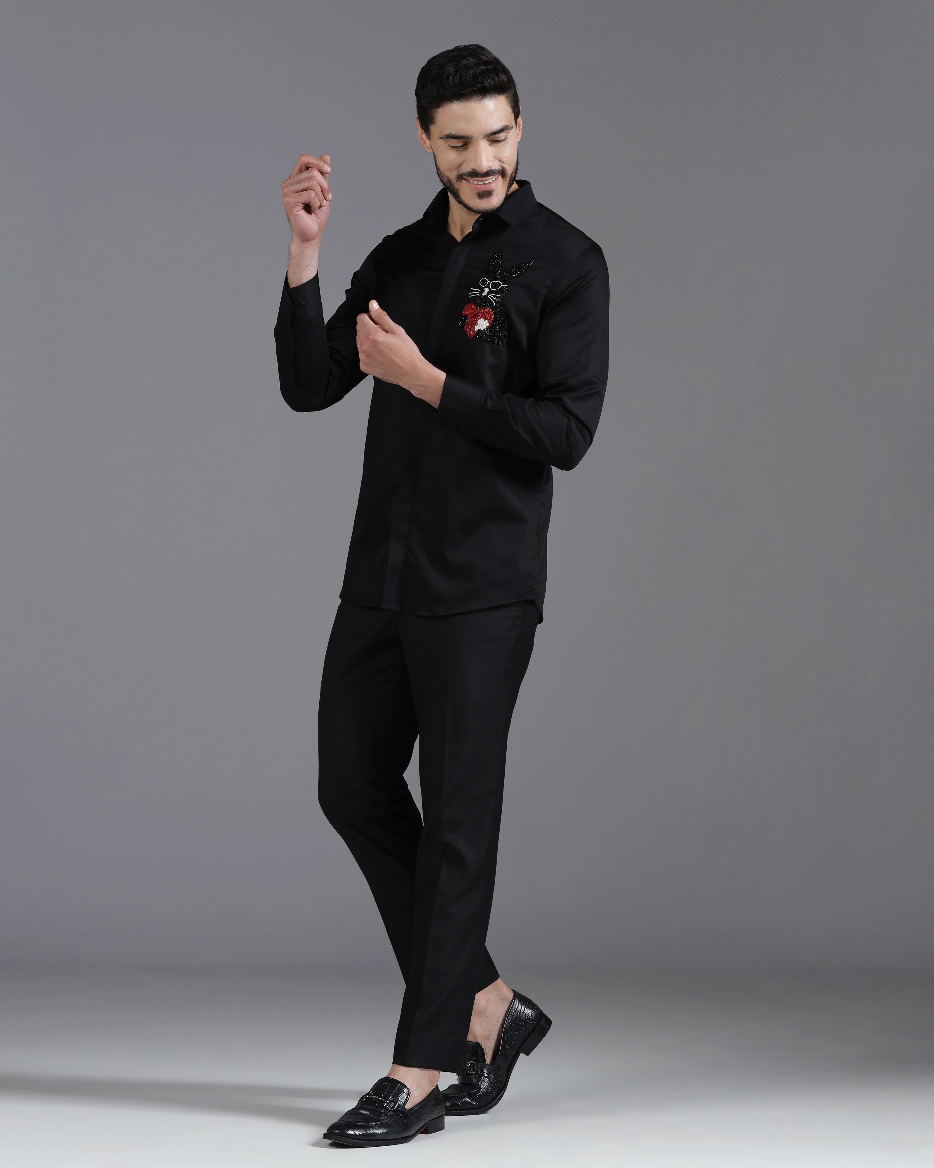 Black Cotton Shirt with Hand-Embroidered Heartbreak Bunny Design