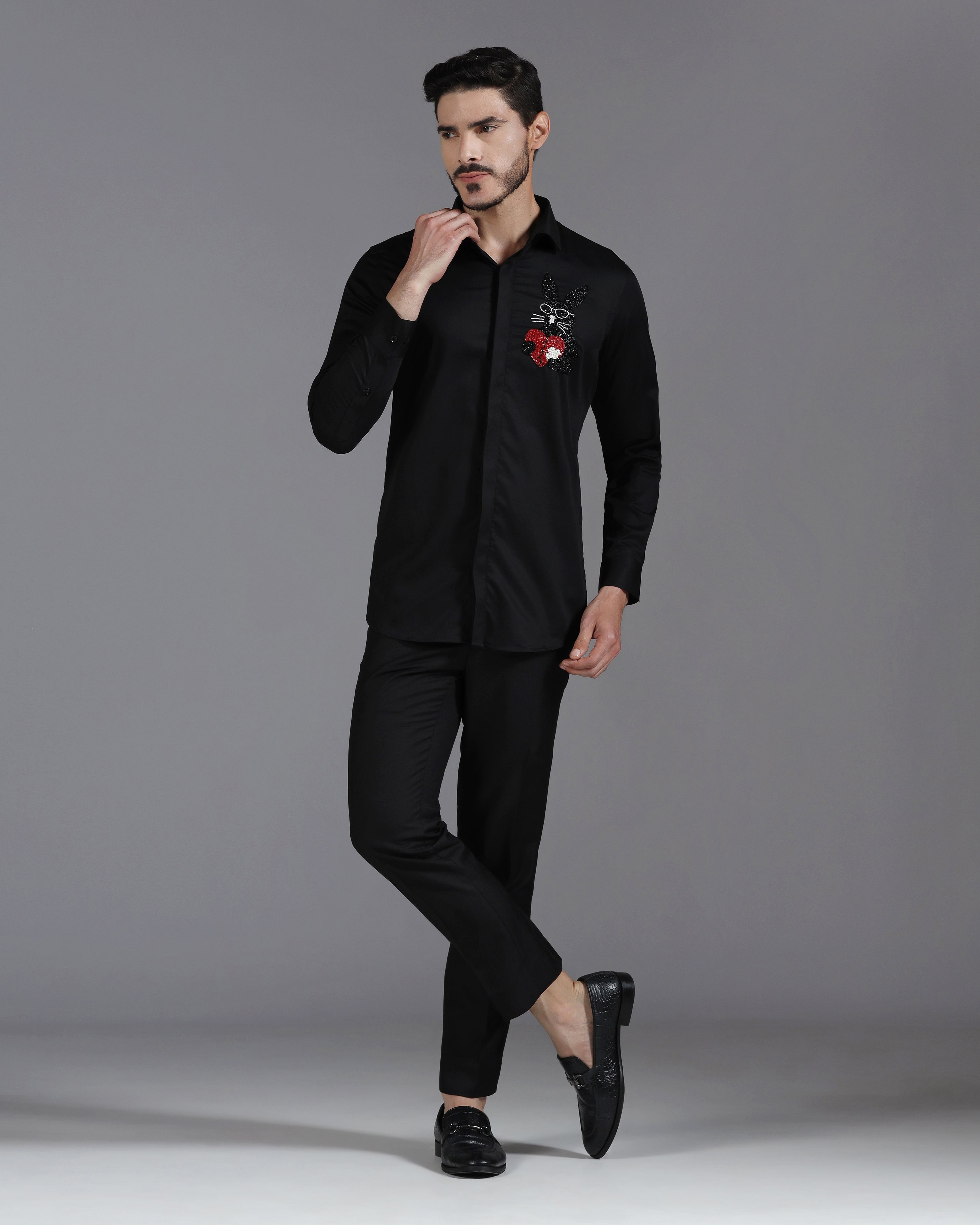 Black Cotton Shirt with Hand-Embroidered Heartbreak Bunny Design
