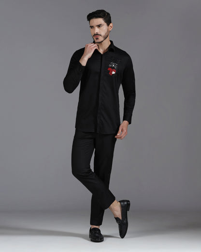 Black Cotton Shirt with Hand-Embroidered Heartbreak Bunny Design