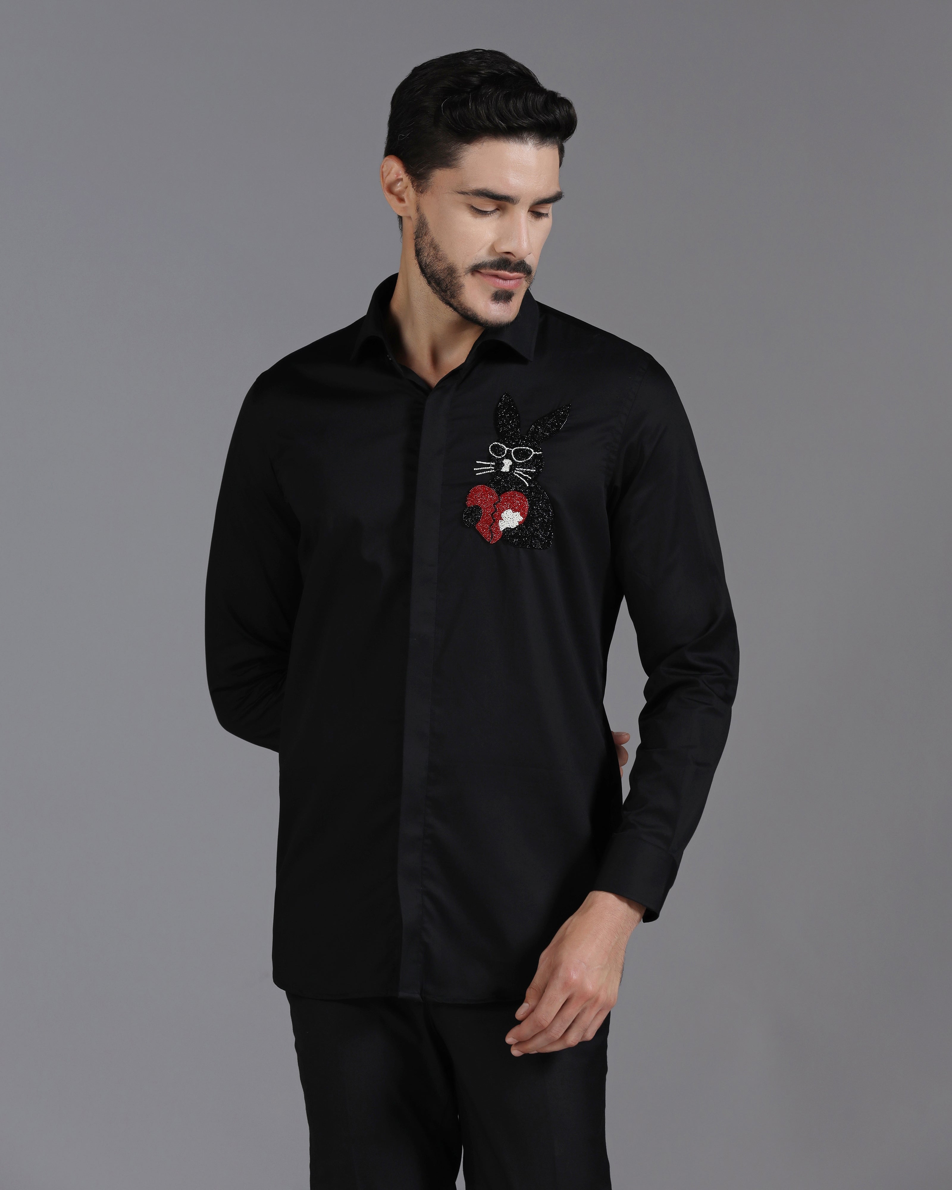 Black Cotton Shirt with Hand-Embroidered Heartbreak Bunny Design