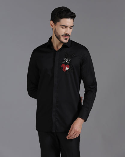 Black Cotton Shirt with Hand-Embroidered Heartbreak Bunny Design