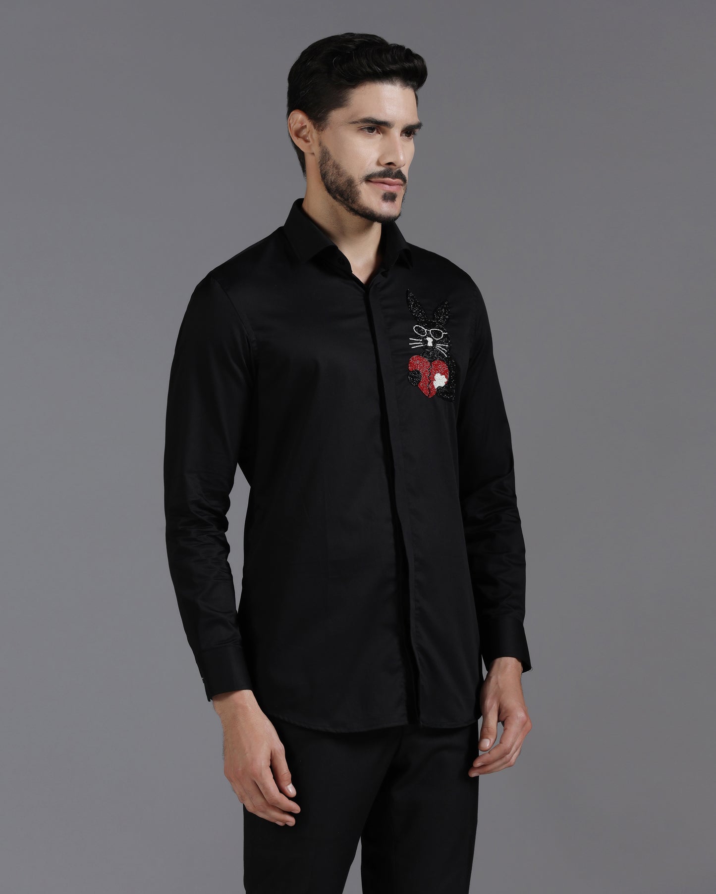 Black Cotton Shirt with Hand-Embroidered Heartbreak Bunny Design