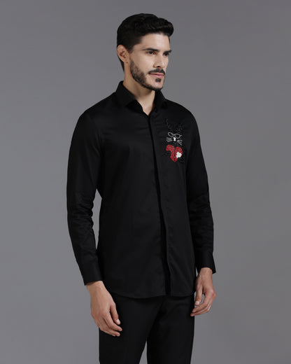 Black Cotton Shirt with Hand-Embroidered Heartbreak Bunny Design
