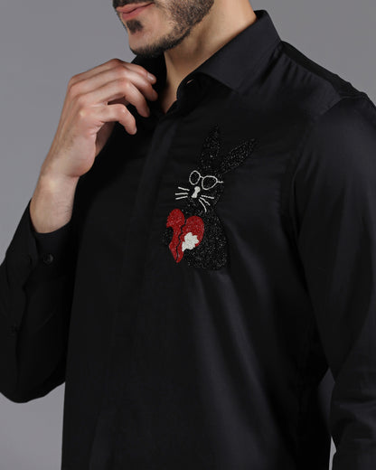 Black Cotton Shirt with Hand-Embroidered Heartbreak Bunny Design