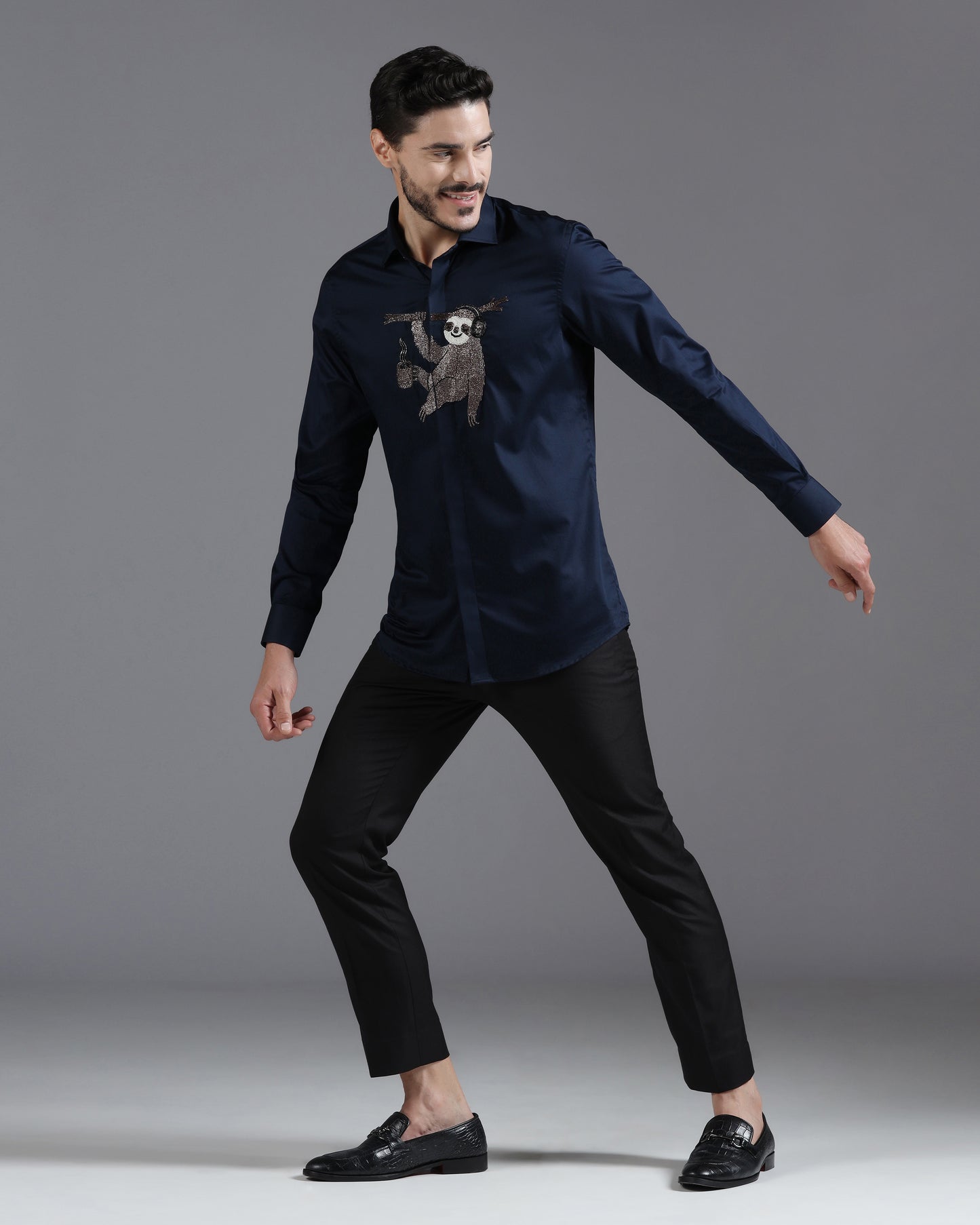 Navy cotton shirt with sloth hand embroidery | Bhavya Bhasin Couture