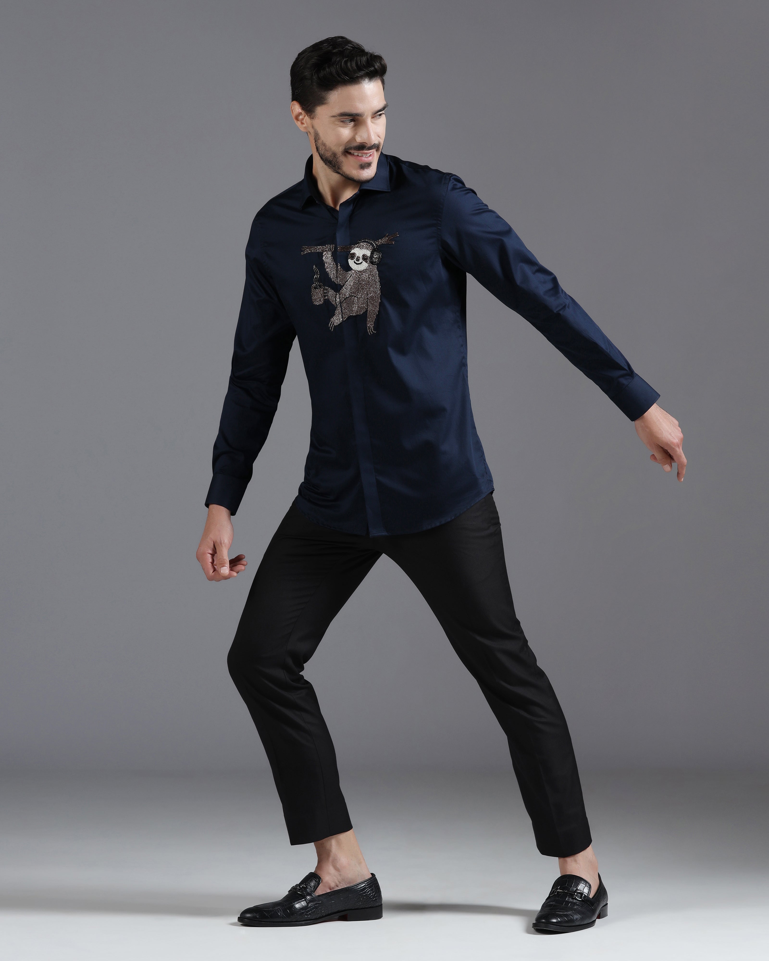 Navy Cotton Shirt with Hand-Embroidered Sloth Motif