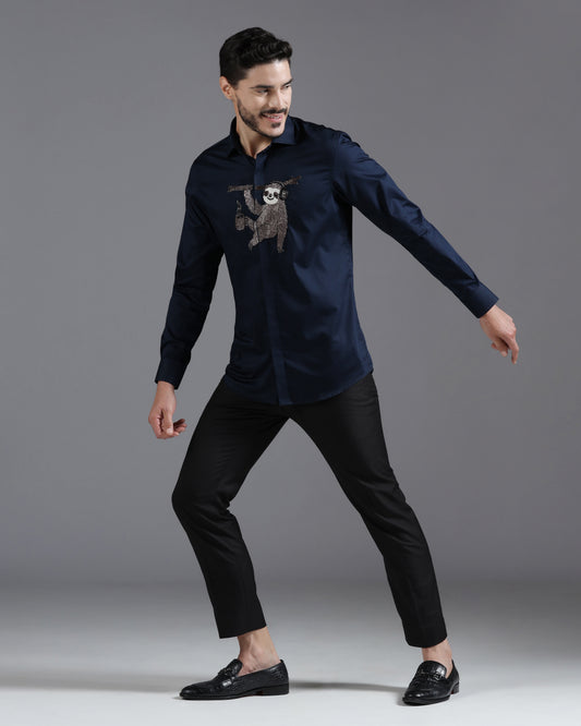 Navy cotton shirt with sloth hand embroidery | Bhavya Bhasin Couture