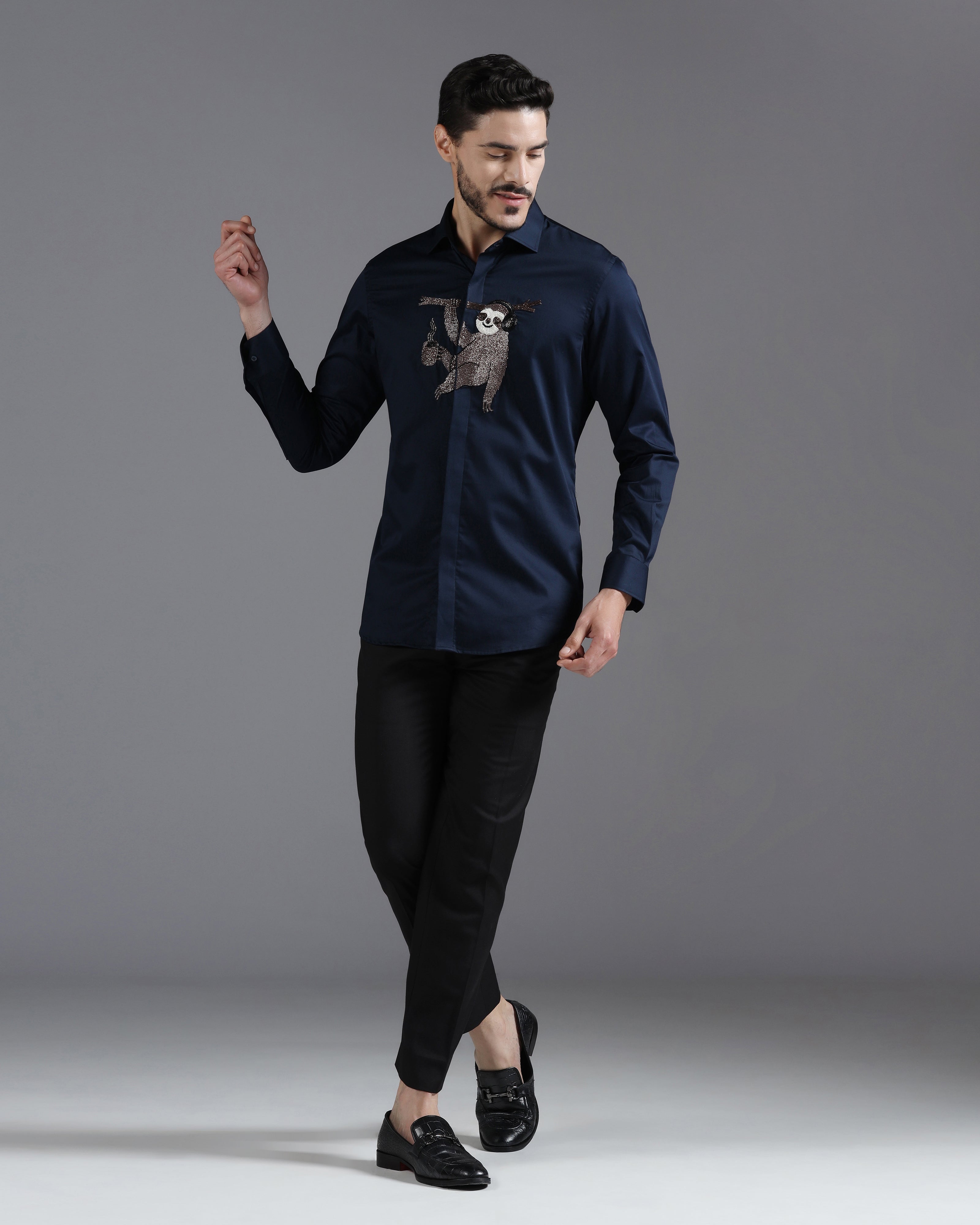Navy Cotton Shirt with Hand-Embroidered Sloth Motif