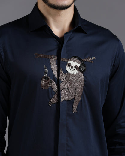 Navy Cotton Shirt with Hand-Embroidered Sloth Motif