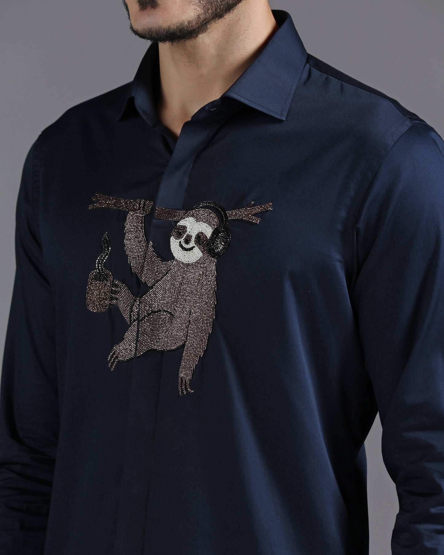 Navy Cotton Shirt with Hand-Embroidered Sloth Motif