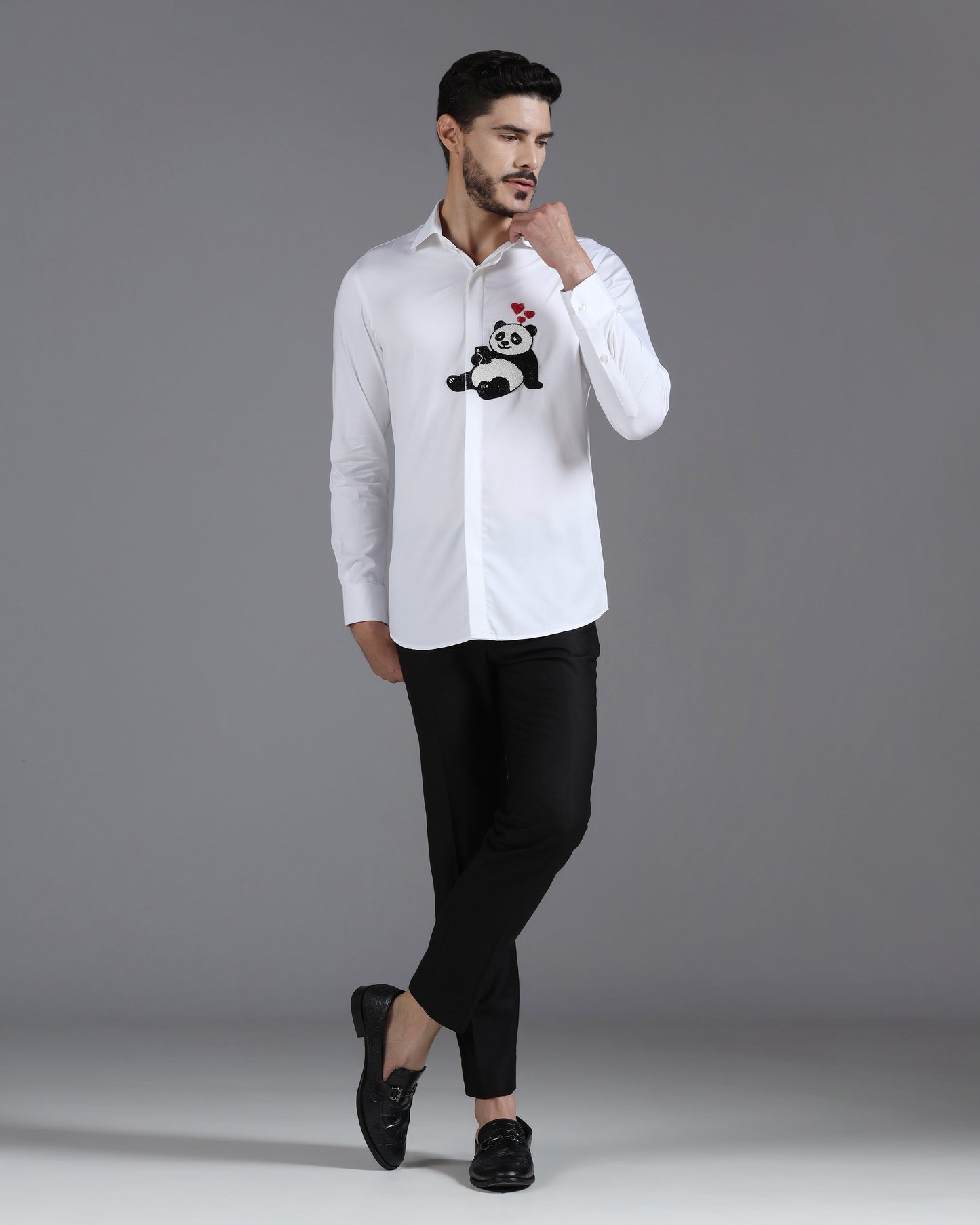 White cotton shirt with panda heart embroidery | Bhavya Bhasin Couture