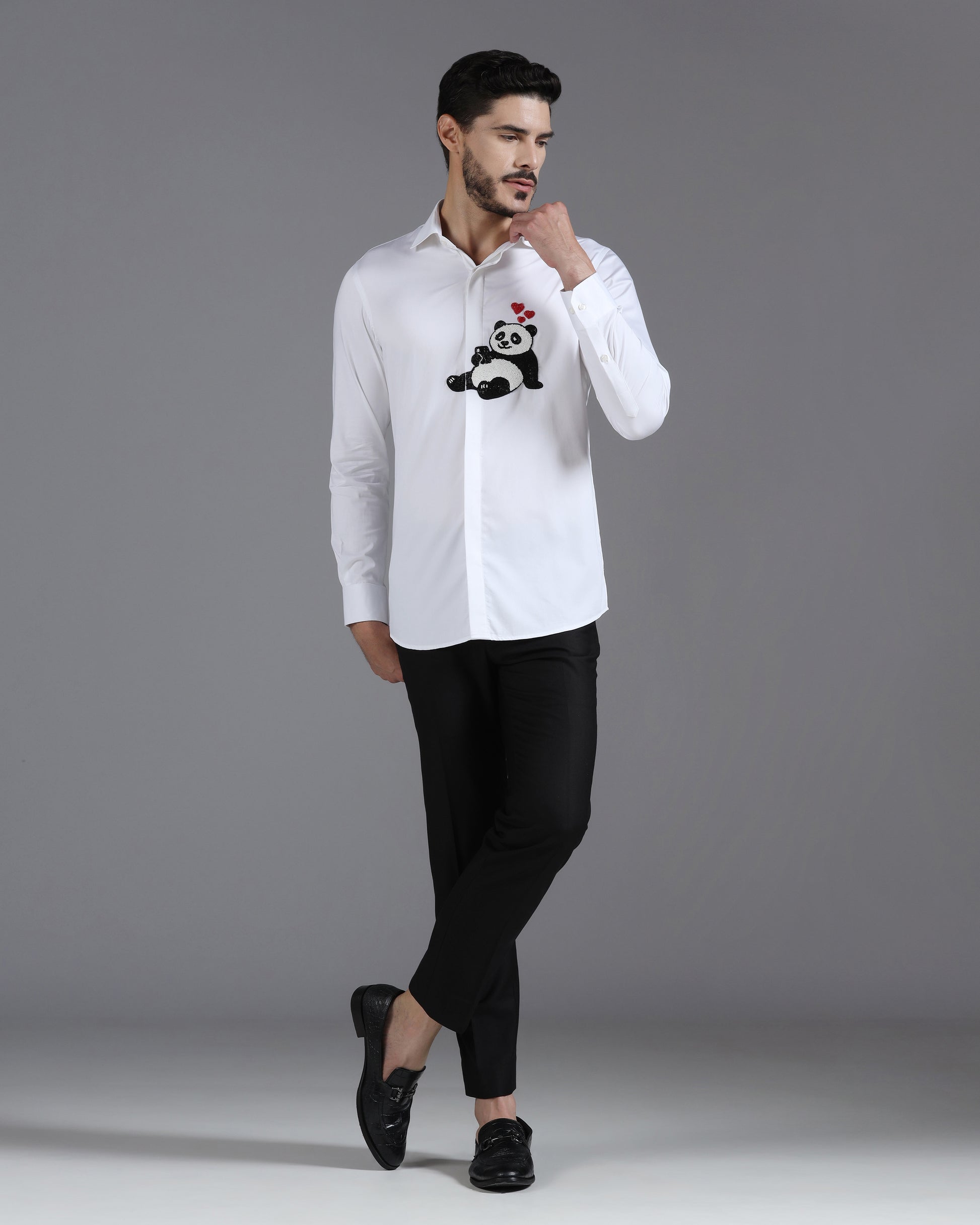 White cotton shirt with panda heart embroidery | Bhavya Bhasin Couture