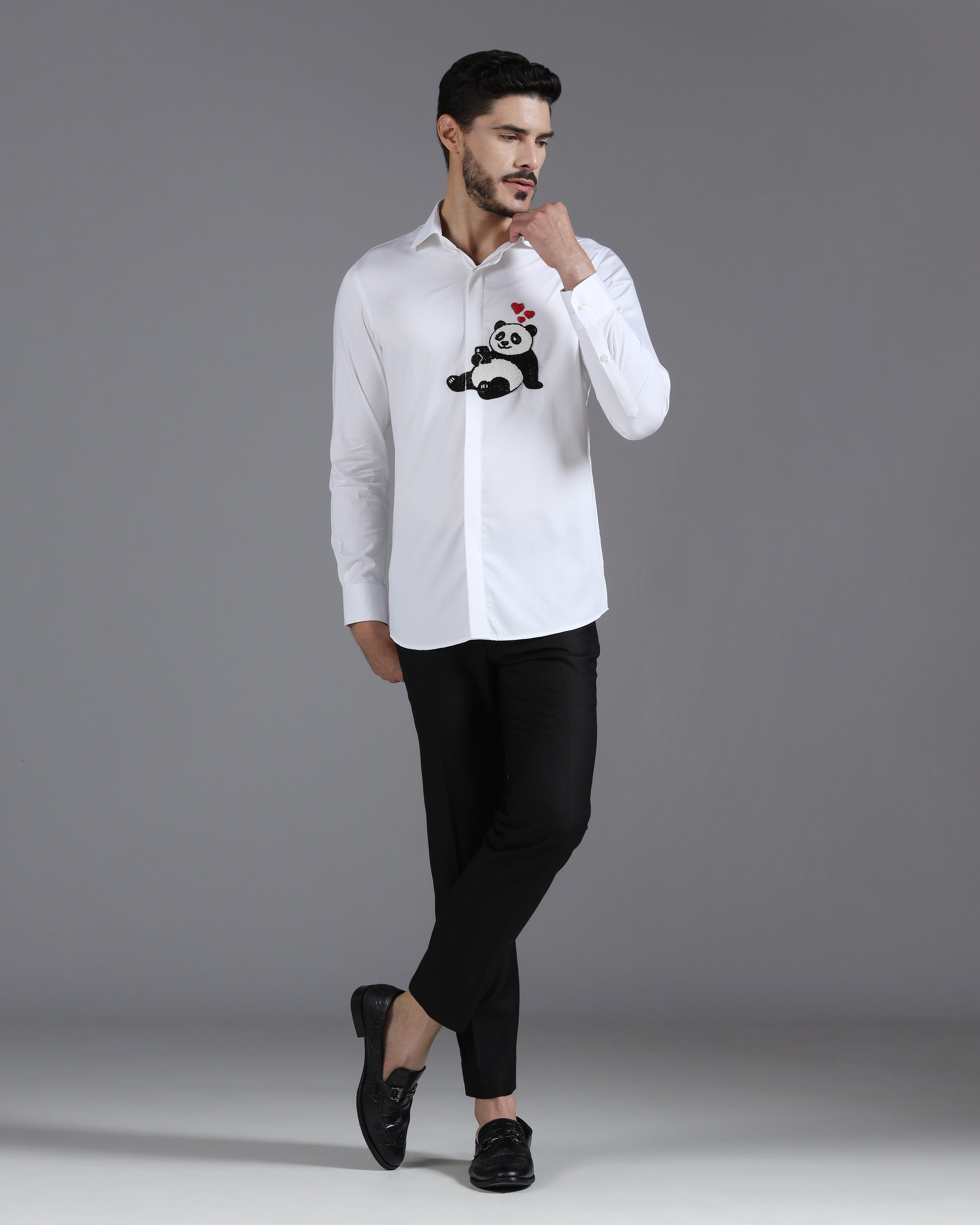 White Cotton Shirt with Hand-Embroidered Panda and Heart Detail