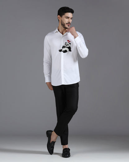White cotton shirt with panda heart embroidery | Bhavya Bhasin Couture