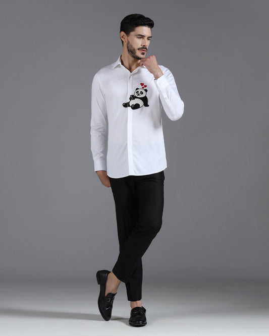 White cotton shirt with panda heart embroidery | Bhavya Bhasin Couture