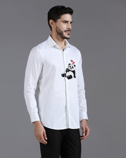 White Cotton Shirt with Hand-Embroidered Panda and Heart Detail