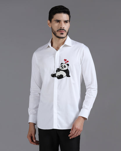 White Cotton Shirt with Hand-Embroidered Panda and Heart Detail