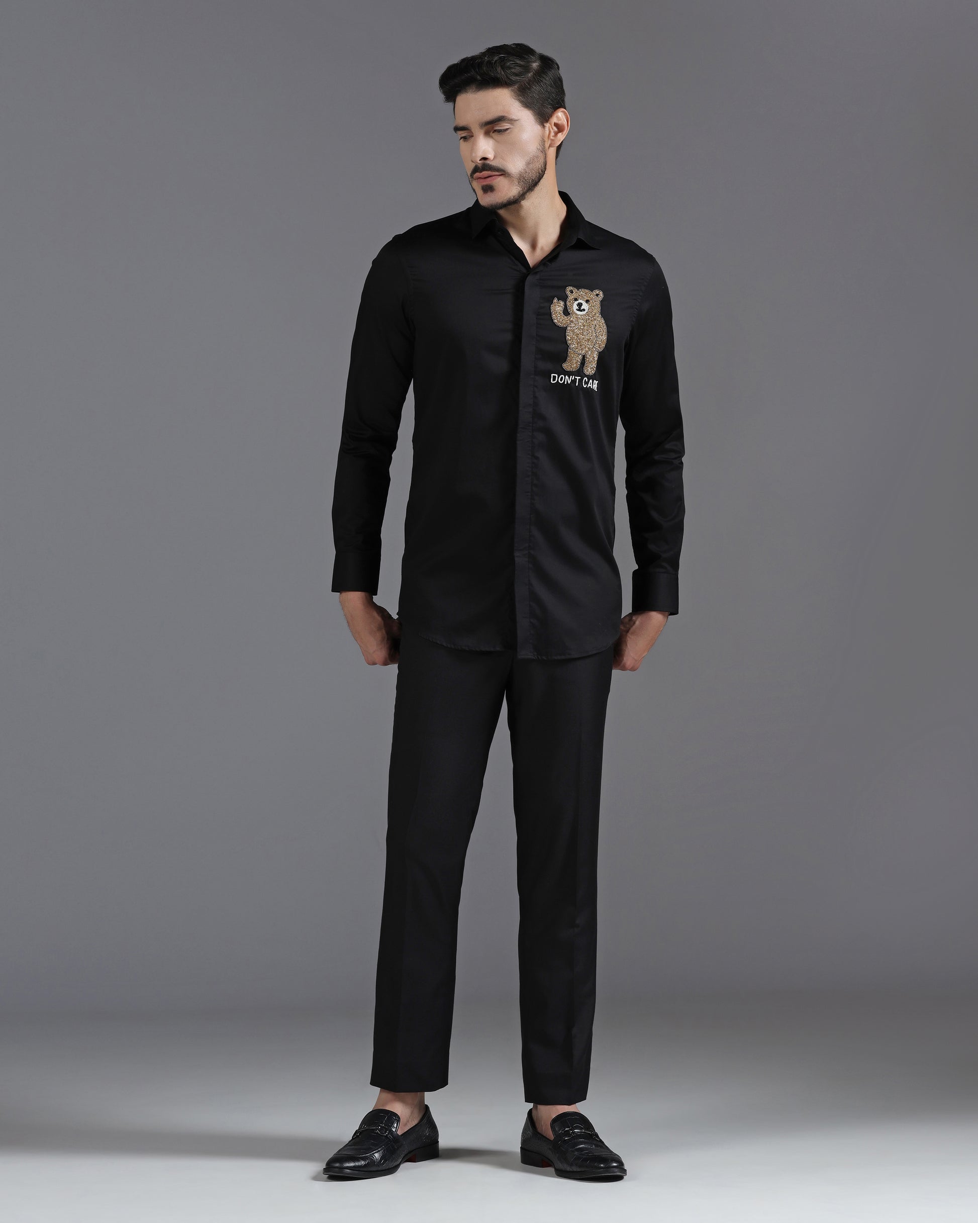 Black cotton shirt with bear motif hand embroidery | Bhavya Bhasin Couture