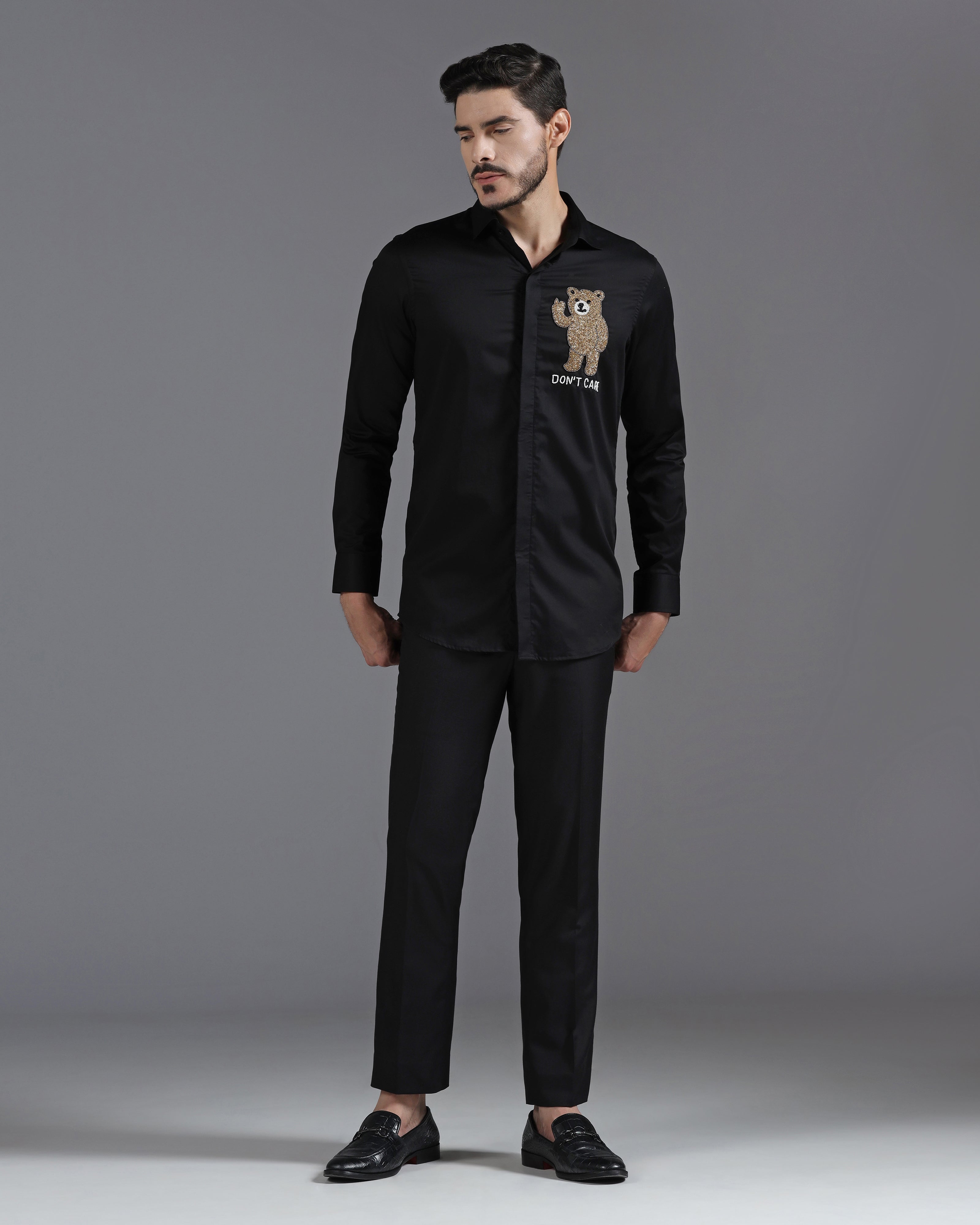Black Cotton Shirt with Hand-Embroidered “Don’t Care” Bear Motif