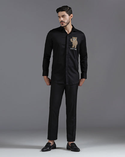 Black cotton shirt with bear motif hand embroidery | Bhavya Bhasin Couture