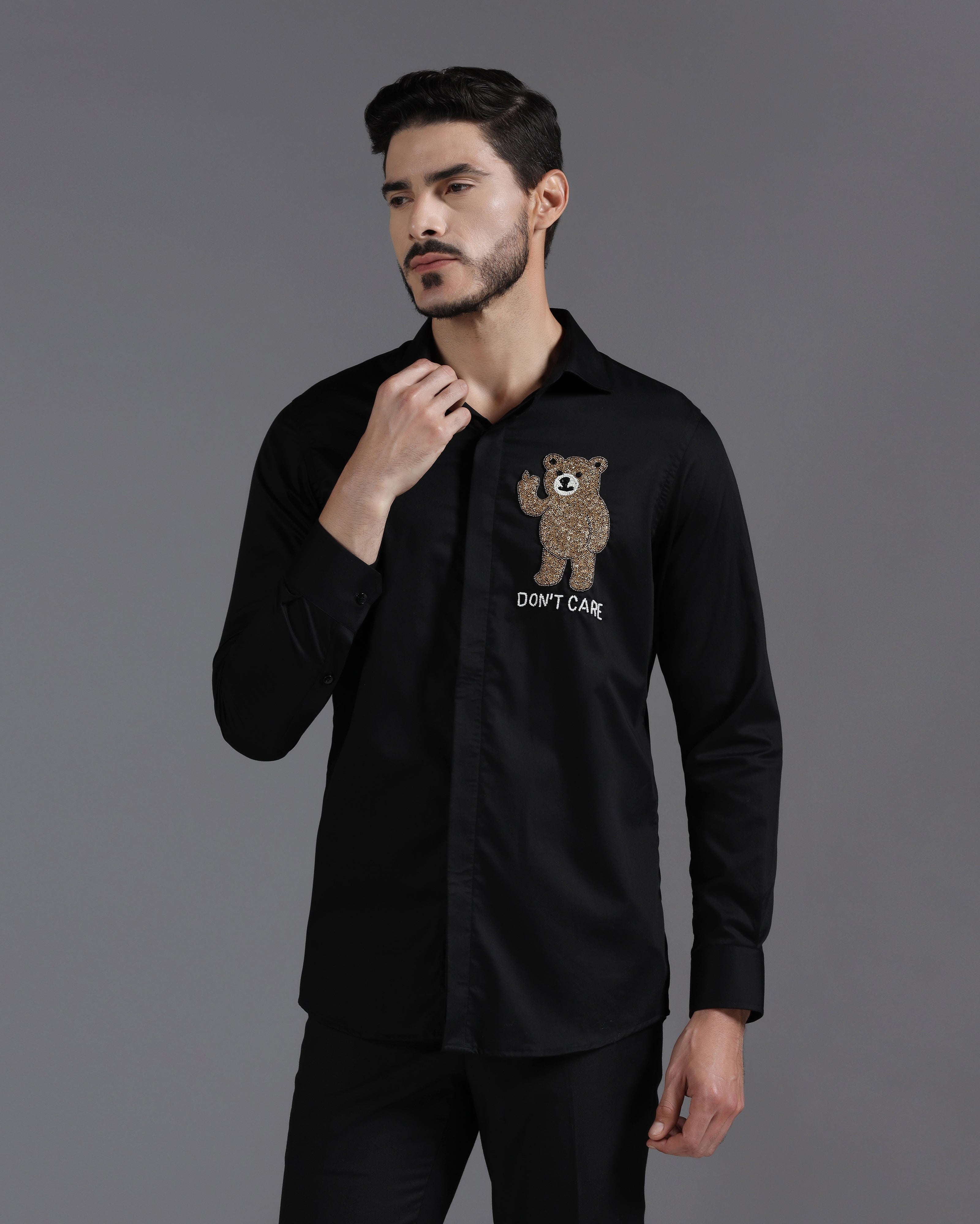 Black Cotton Shirt with Hand-Embroidered “Don’t Care” Bear Motif