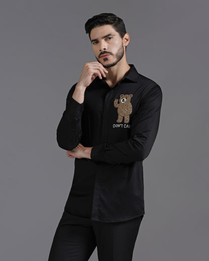 Black Cotton Shirt with Hand-Embroidered “Don’t Care” Bear Motif