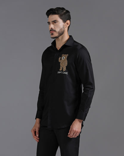 Black Cotton Shirt with Hand-Embroidered “Don’t Care” Bear Motif