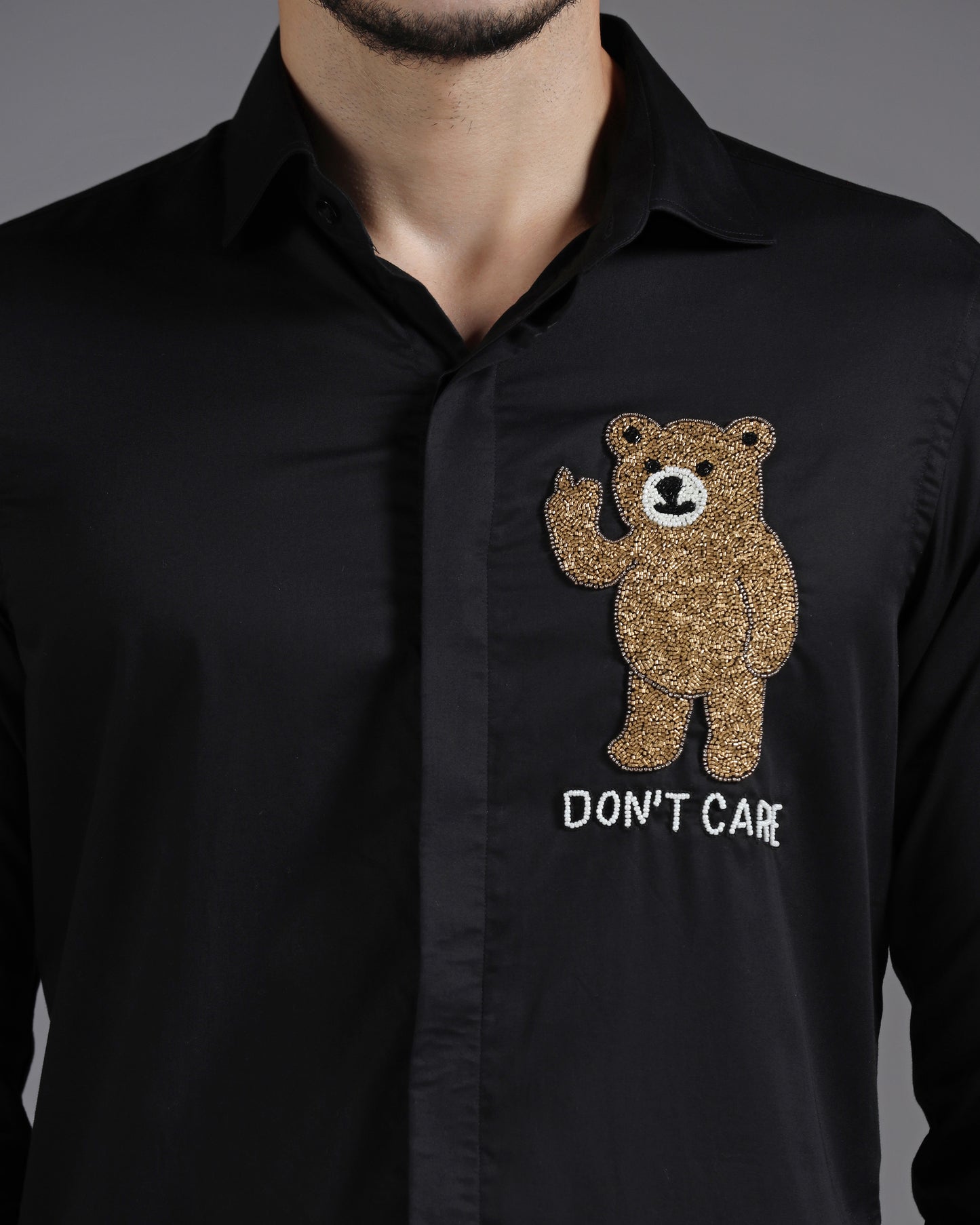 Black Cotton Shirt with Hand-Embroidered “Don’t Care” Bear Motif