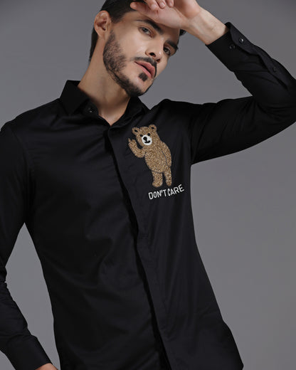 Black Cotton Shirt with Hand-Embroidered “Don’t Care” Bear Motif