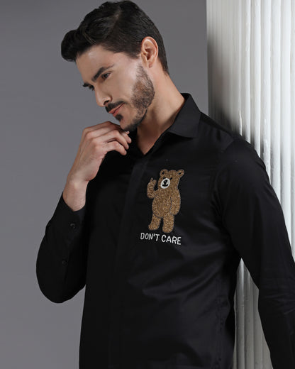 Black Cotton Shirt with Hand-Embroidered “Don’t Care” Bear Motif