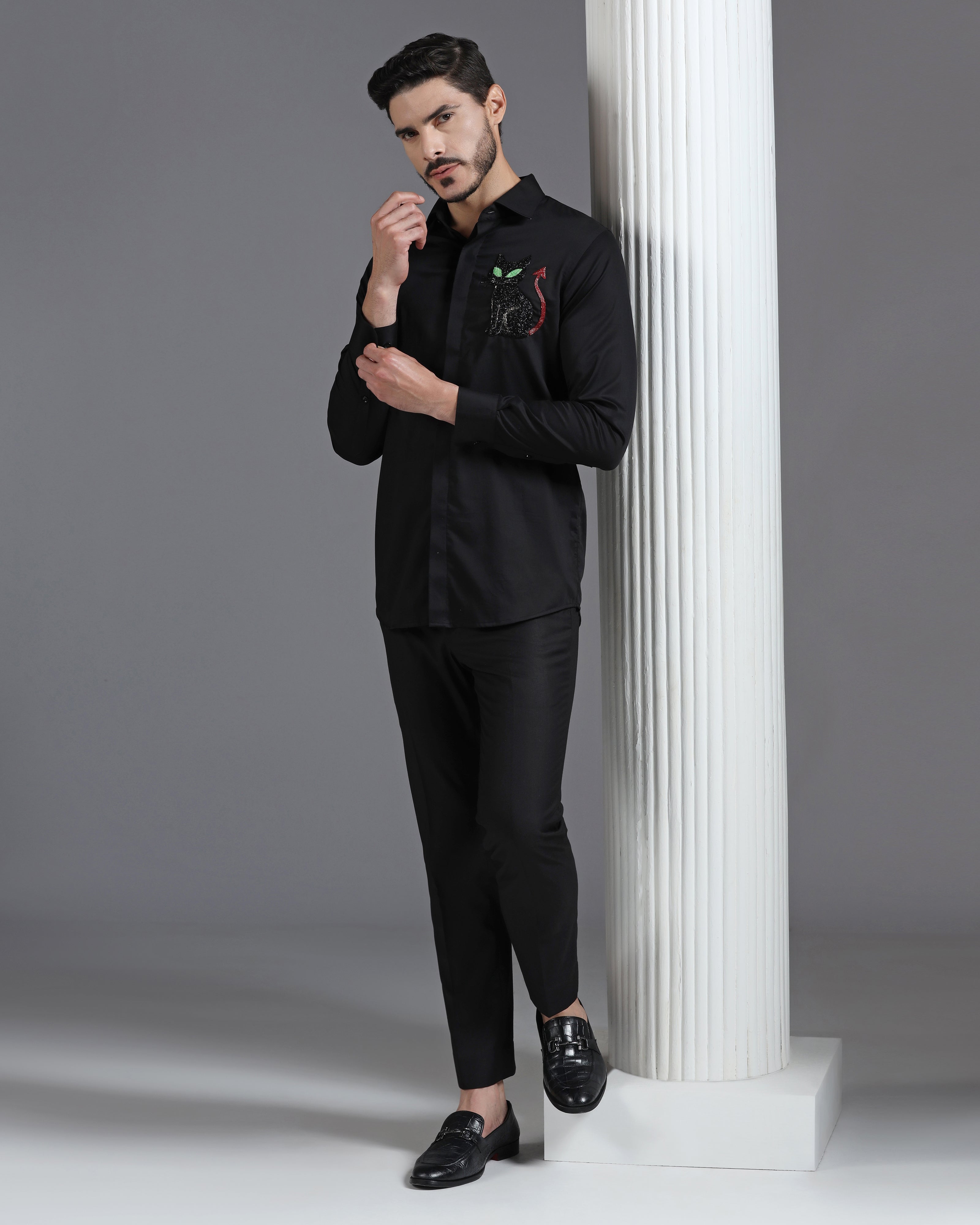 Black Cotton Shirt with Hand-Embroidered Devil Cat Motif