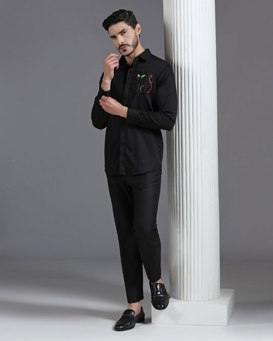 Black Cotton Shirt with Hand-Embroidered Devil Cat Motif