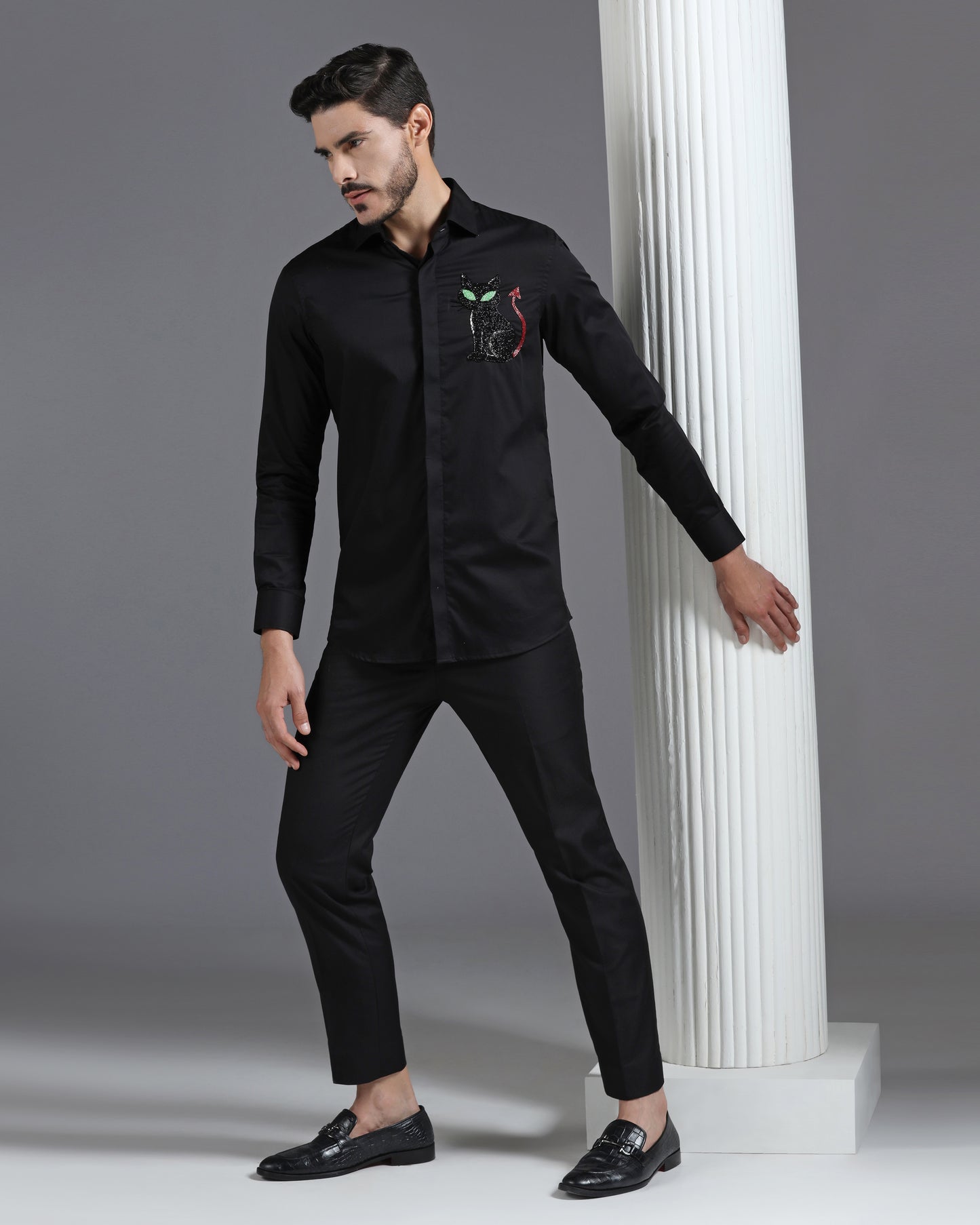 Black Cotton Shirt with Hand-Embroidered Devil Cat Motif