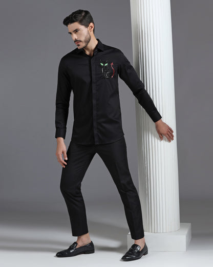 Black Cotton Shirt with Hand-Embroidered Devil Cat Motif