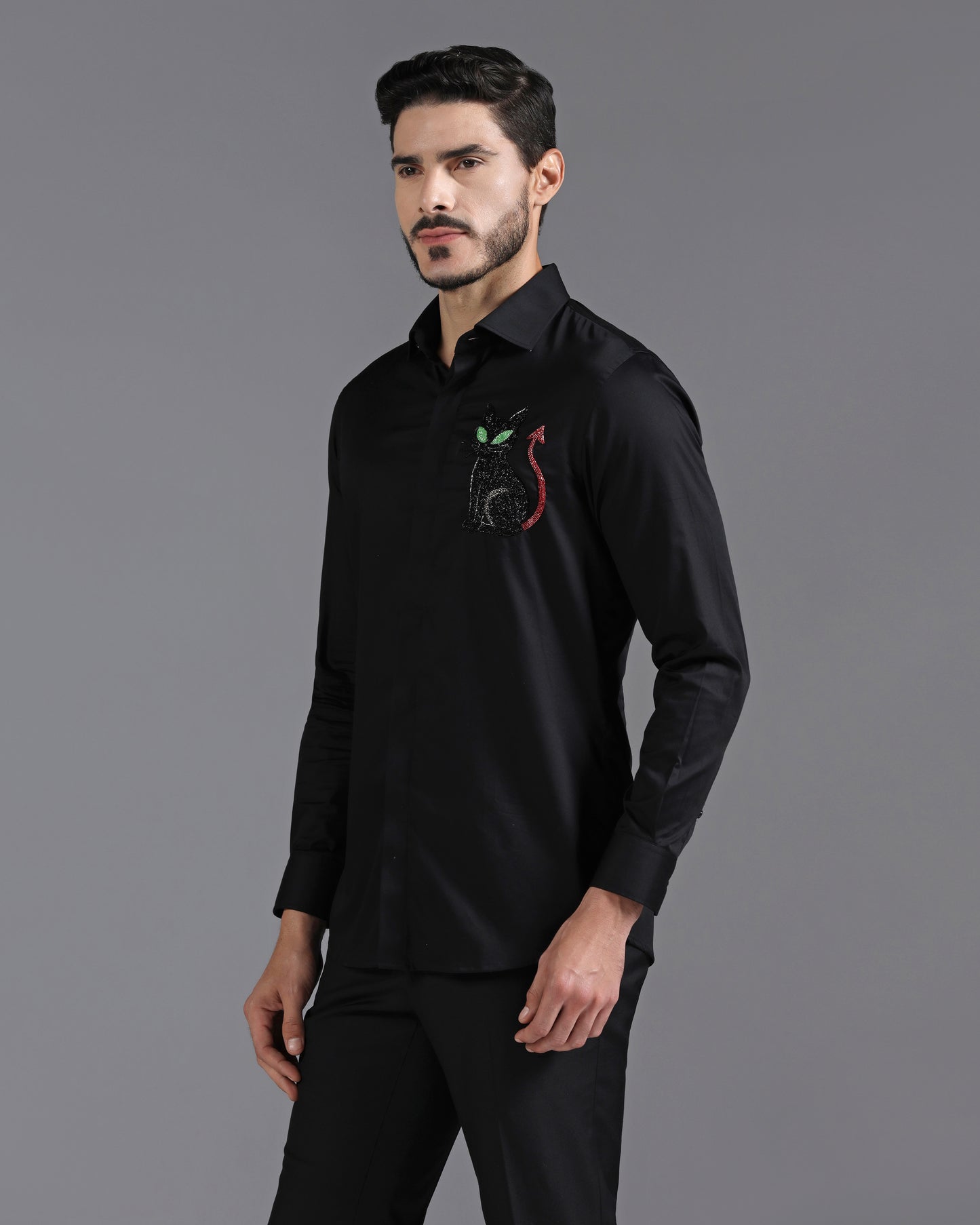 Black Cotton Shirt with Hand-Embroidered Devil Cat Motif