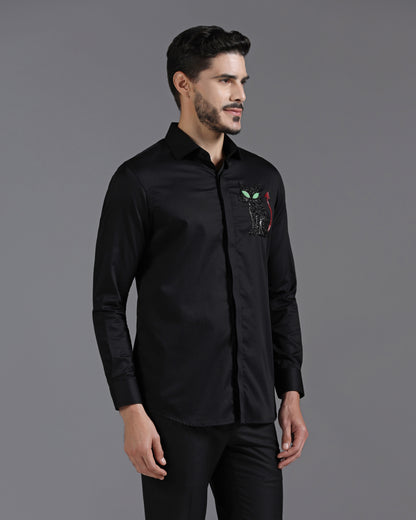 Black Cotton Shirt with Hand-Embroidered Devil Cat Motif