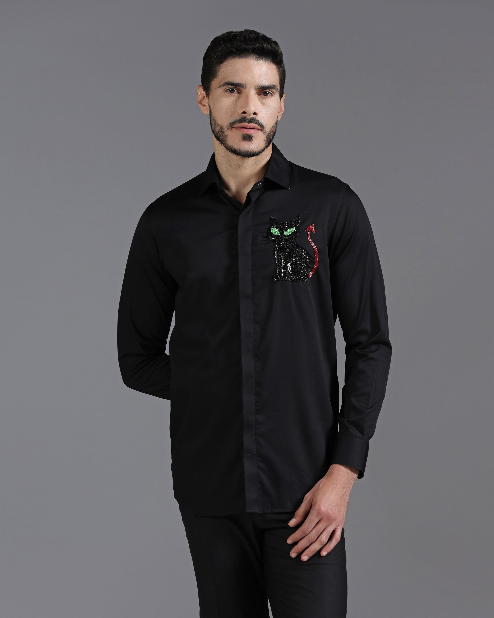 Black cotton shirt with devil cat embroidery | Bhavya Bhasin Couture
