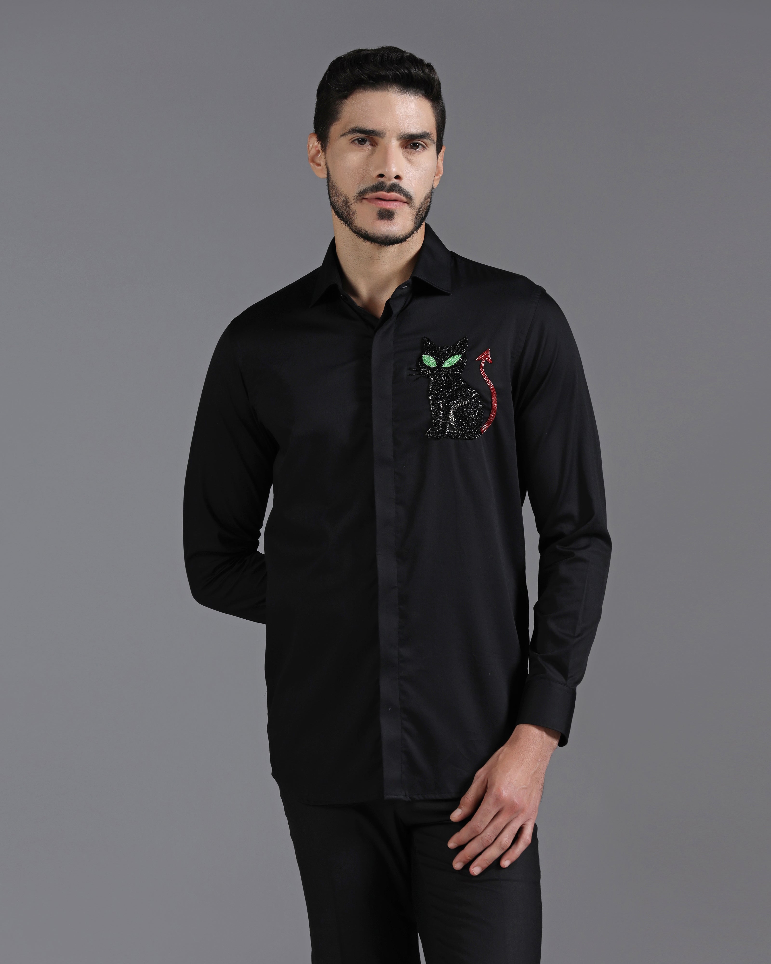 Black Cotton Shirt with Hand-Embroidered Devil Cat Motif
