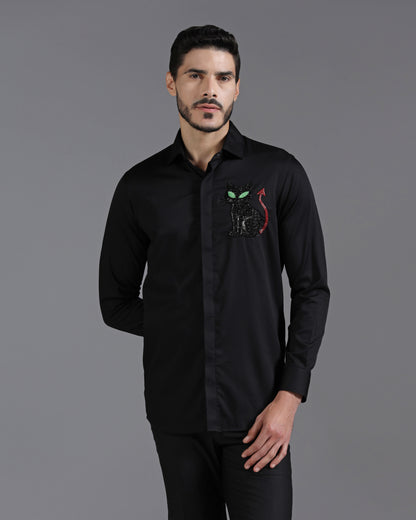 Black cotton shirt with devil cat embroidery | Bhavya Bhasin Couture