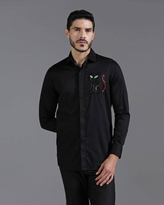 Black cotton shirt with devil cat embroidery | Bhavya Bhasin Couture