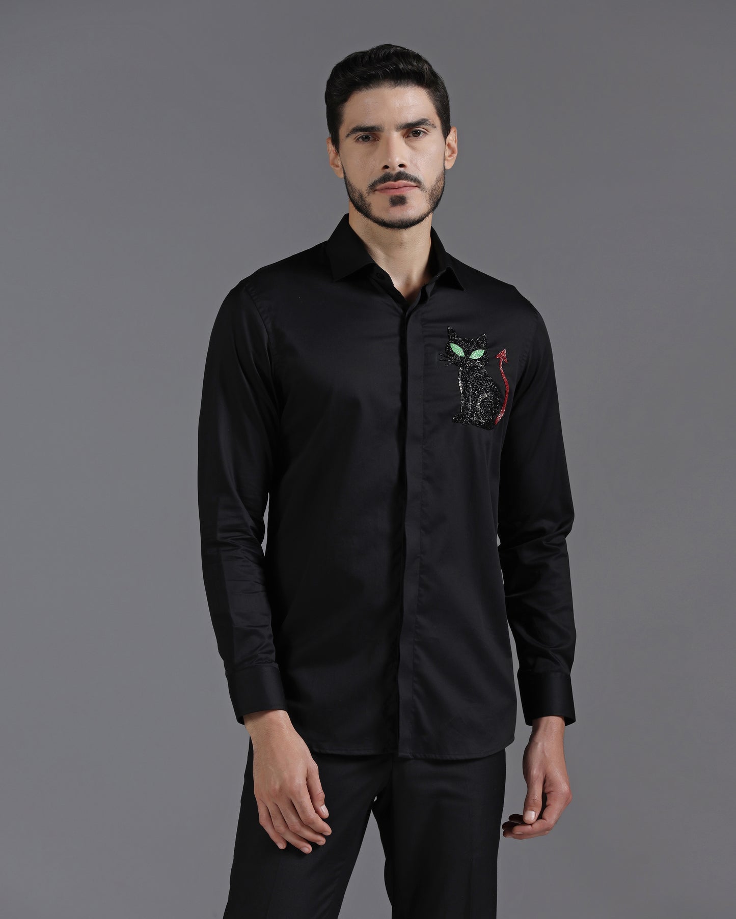 Black Cotton Shirt with Hand-Embroidered Devil Cat Motif