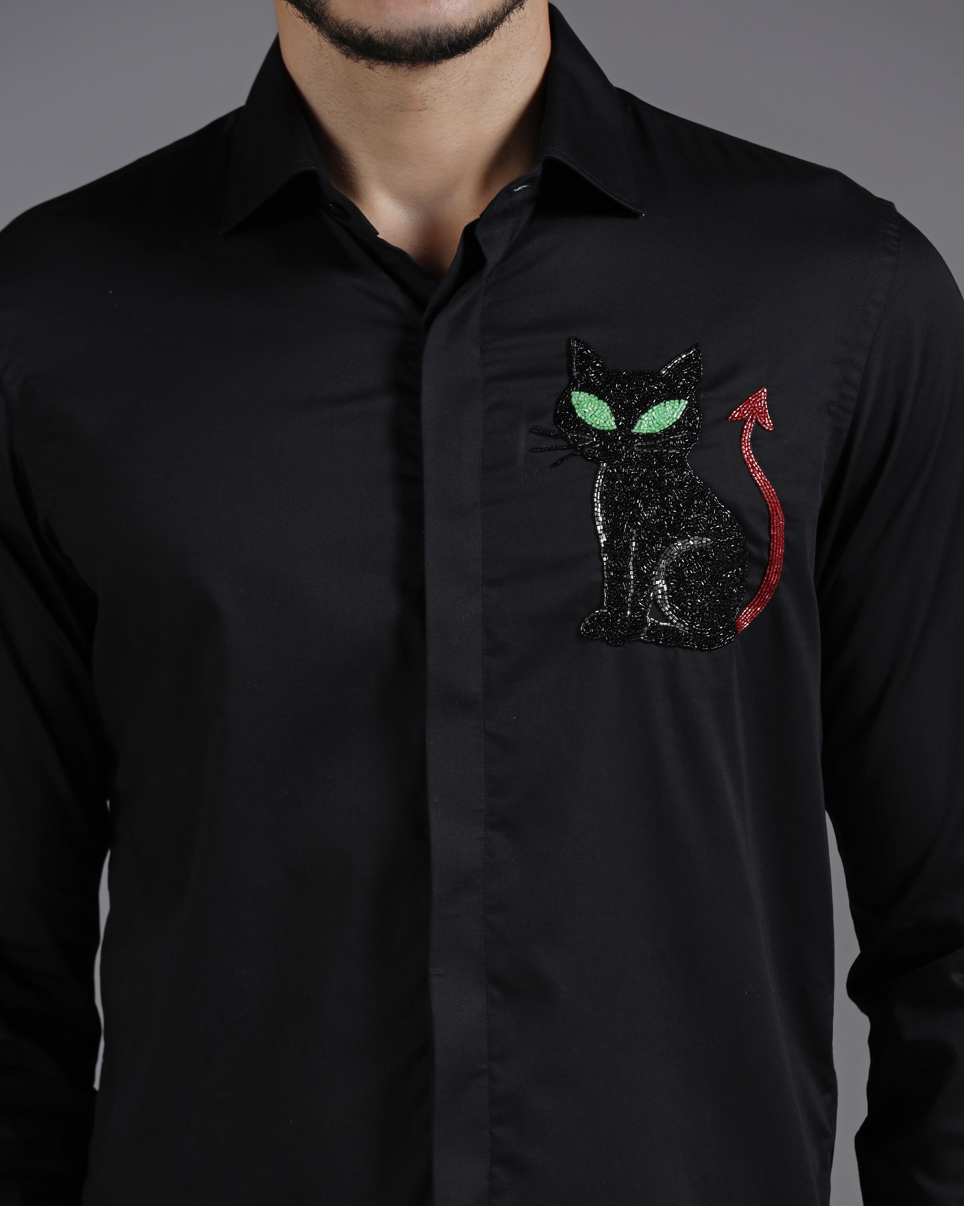 Black Cotton Shirt with Hand-Embroidered Devil Cat Motif
