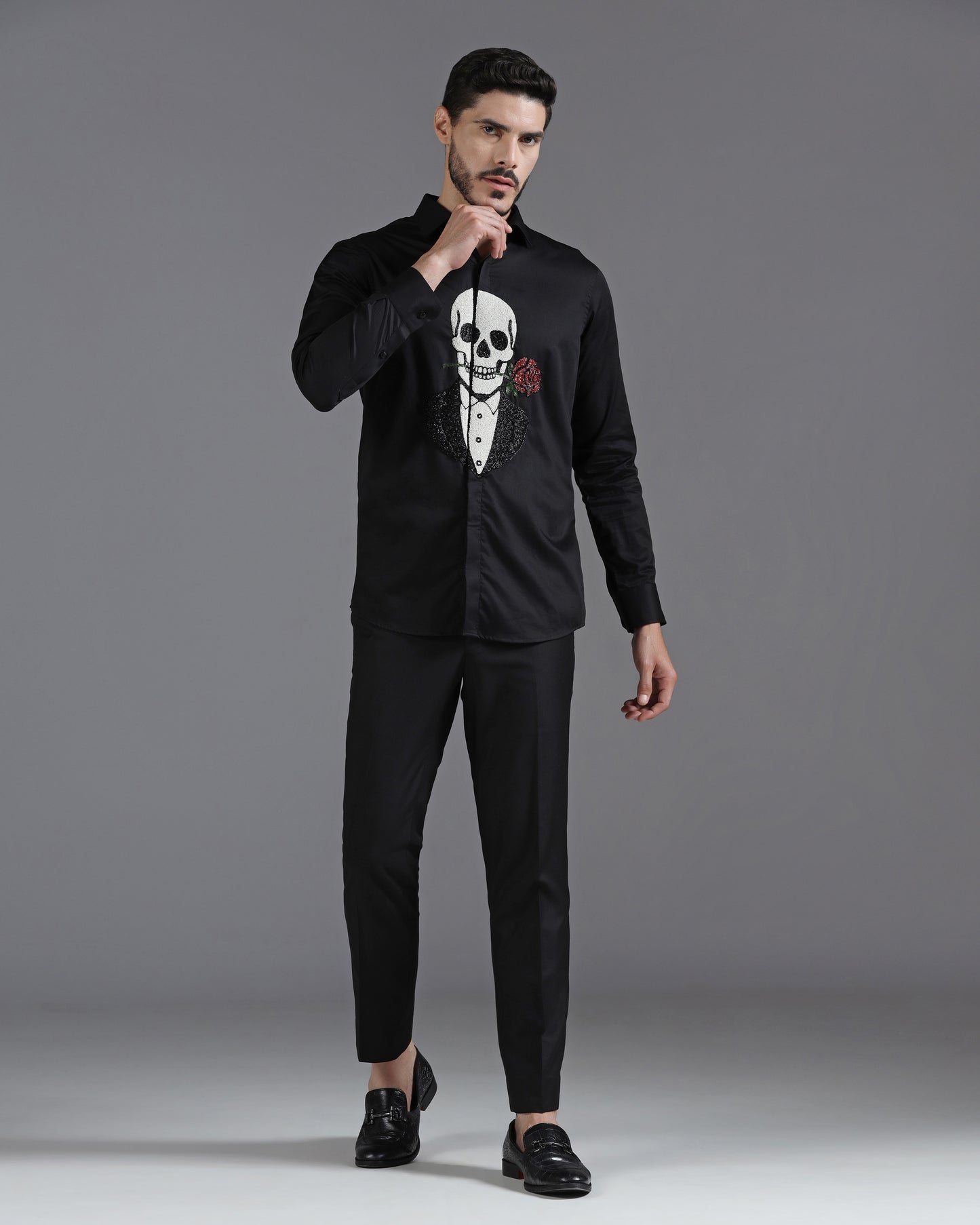 Black cotton shirt with skeleton and rose embroidery | Bhavya Bhasin Couture