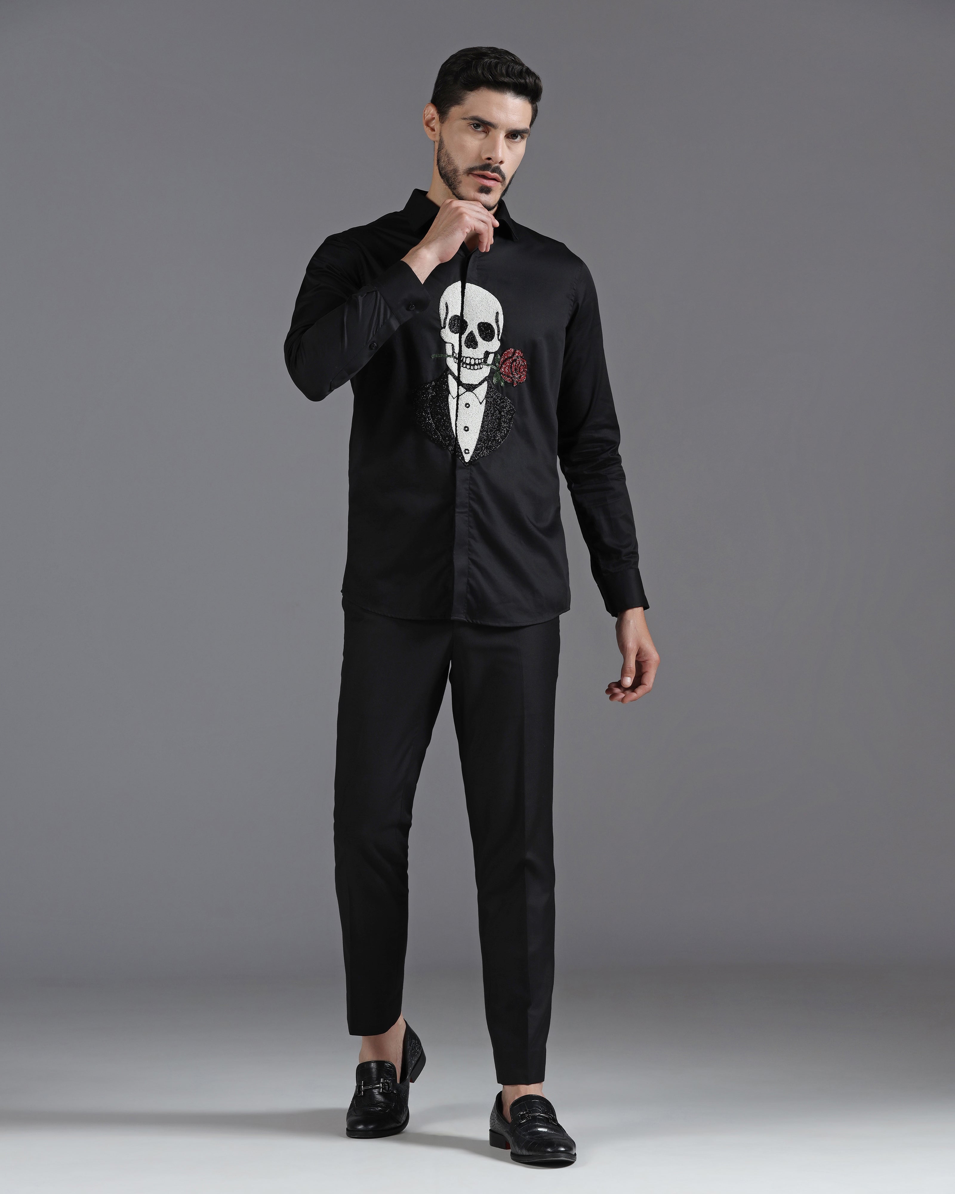 Black Cotton Shirt with Hand-Embroidered Skeleton and Rose Motif