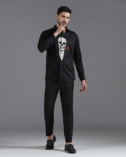 Black cotton shirt with skeleton and rose embroidery | Bhavya Bhasin Couture